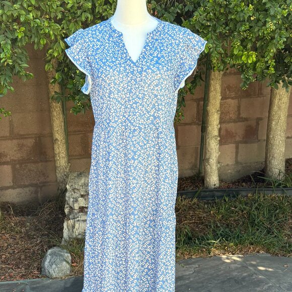 Stretchy Maxi Dress with Floral Butterfly Pattern, Tiered Skirt, Pockets - Picture 1 of 3